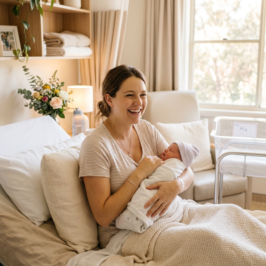 Happy mother holding baby representing maternity wellness
