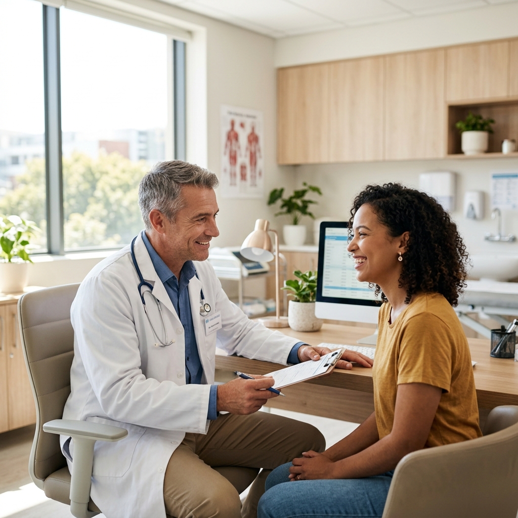 Caring doctor consulting smiling patient in warm hospital library